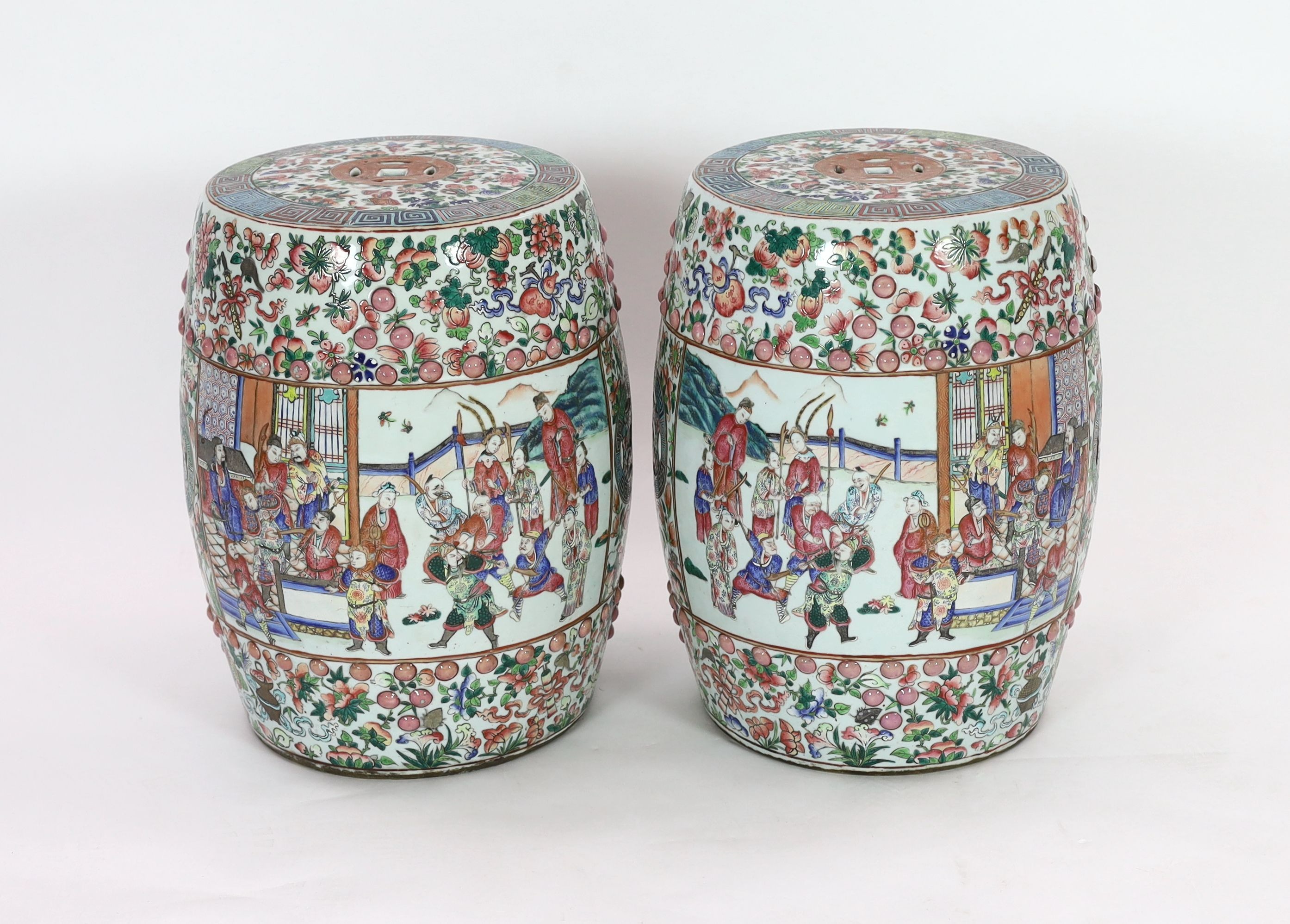 A pair of Chinese famille rose barrel garden seats, late 19th century 48 cm high